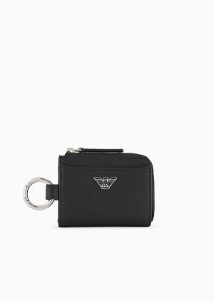 Black Emporio Armani Asv Regenerated Saffiano Leather Compact Wallet With Eagle Plate And Snap Hook | EA-SN59267