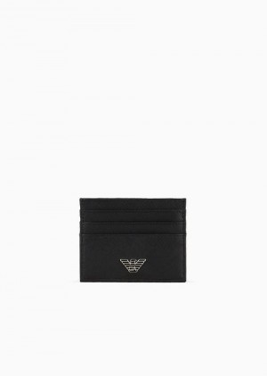 Black Emporio Armani Asv Regenerated Saffiano Leather Card Holder With Eagle Plate | EA-SN59314