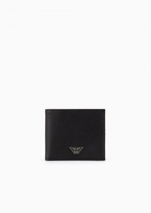 Black Emporio Armani Asv Regenerated Saffiano Leather Wallet With Eagle Plate | EA-SN59315