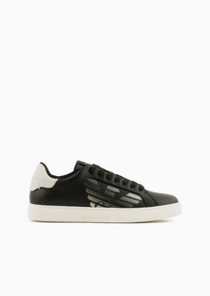 Black Emporio Armani Asv Regenerated-leather Sneakers With Oversized Eagle And Suede Back | EA-SN57179