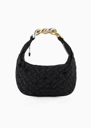 Black Emporio Armani Asv Woven Recycled Nylon Handbag With Chain Handle | EA-SN57379