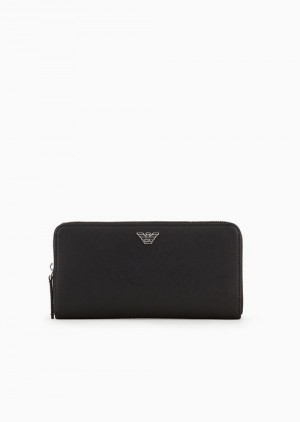 Black Emporio Armani Asv Zip-around Wallet In Regenerated Saffiano Leather With Eagle Plate | EA-SN59312