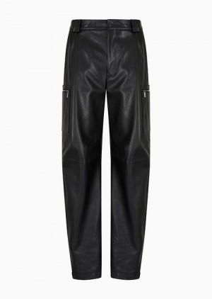 Black Emporio Armani Cargo Trousers In Vegetable-tanned Water Buffalo Nappa Leather With An Adjustable Hem | EA-SN58282