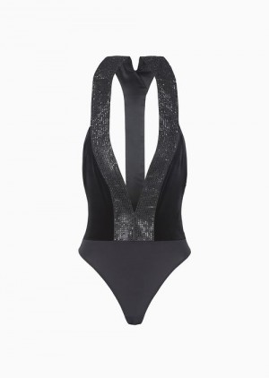 Black Emporio Armani Chenille Jersey Bodysuit With Baguette Sequin-covered Trims | EA-SN56949