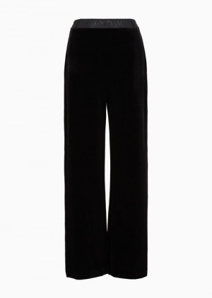 Black Emporio Armani Chenille Palazzo Trousers With Logo Tape | EA-SN56816