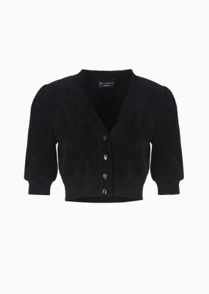 Black Emporio Armani Chenille-effect Bonded Knit Micro Cardigan | EA-SN56673