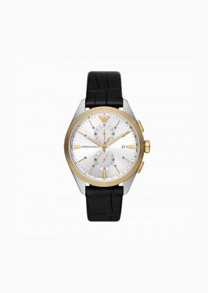 Black Emporio Armani Chronograph Black Leather Watch | EA-SN59335