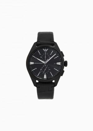 Black Emporio Armani Chronograph Black Leather Watch | EA-SN59339