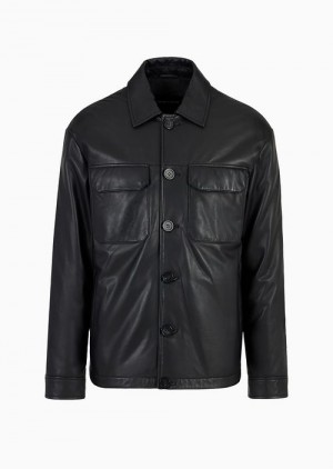 Black Emporio Armani Classic-collar Blouson In Supple, Slightly Padded Lambskin Nappa Leather, With Buttons | EA-SN58190