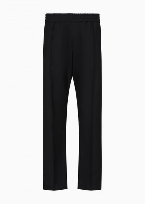 Black Emporio Armani Compact Granular Virgin-wool Elasticated-waist Trousers | EA-SN58409