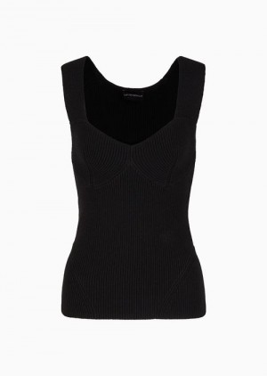 Black Emporio Armani Corn-on-the-cob Stitch Knit Top With Contoured Neckline | EA-SN56711