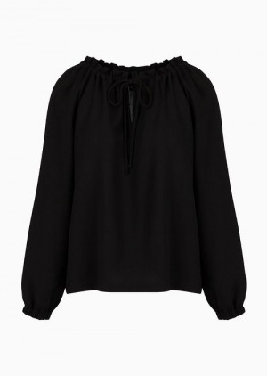 Black Emporio Armani CréPon Blouse With Gathered Neckline And Drawstring | EA-SN56940