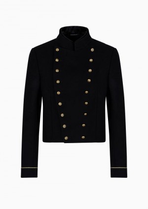 Black Emporio Armani Cropped Military Jacket In A Virgin-wool Cloth And Cashmere Blend | EA-SN57793