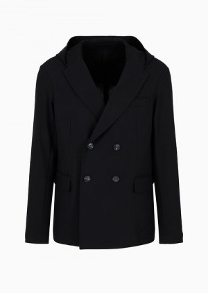 Black Emporio Armani Double-breasted Jacket With Hood In Jacquard Jersey | EA-SN57838