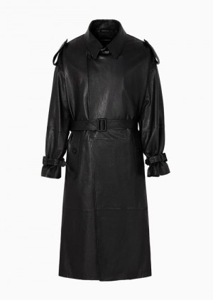 Black Emporio Armani Double-breasted Oversized-fit Trench Coat With Lapels And Belt In Vegetable-tanned Water-buffalo Nappa Leather | EA-SN58215