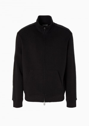 Black Emporio Armani Double-jersey Full-zip Sweatshirt With Rubberised Lettering Print Side Bands | EA-SN58487