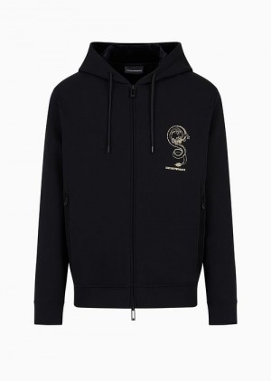 Black Emporio Armani Double-jersey Hooded Sweatshirt With Lunar New Year Dragon Embroidery | EA-SN58575