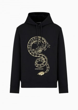 Black Emporio Armani Double-jersey Hooded Sweatshirt With Lunar New Year Dragon Embroidery | EA-SN58578