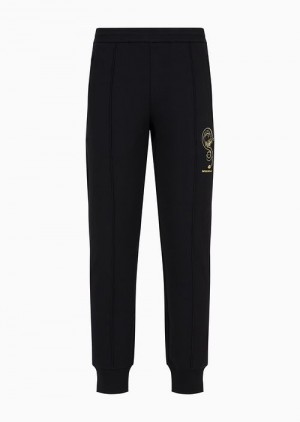 Black Emporio Armani Double-jersey Joggers With Lunar New Year Dragon Embroidery | EA-SN58408