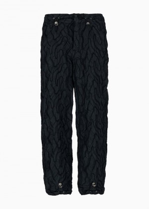 Black Emporio Armani Drawstring Trousers In Technical Fabric With All-over Raised Embroidery | EA-SN58270