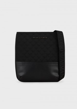 Black Emporio Armani Flat Nylon Shoulder Bag With All-over Jacquard Eagle | EA-SN59068