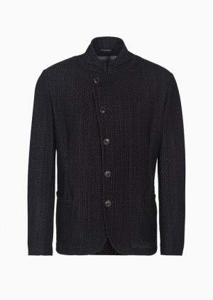 Black Emporio Armani Flocked Mesh Fabric Jacket With Guru Collar And Off-centre Fastening | EA-SN57790