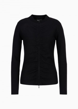 Black Emporio Armani Full-zip Cardigan In Stretch Lurex Chevron Jacquard | EA-SN56429