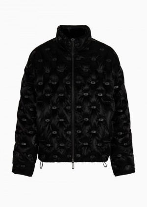 Black Emporio Armani Full-zip Quilted Shiny Ripstop Nylon Down Jacket With Eagle Stamps | EA-SN58232