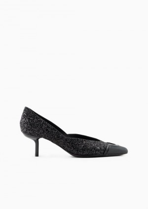 Black Emporio Armani Glitter Court Shoes With Rubber Toe | EA-SN57156