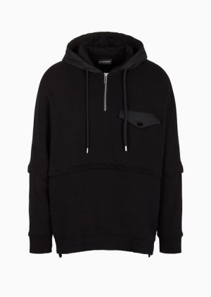 Black Emporio Armani Heavy Jersey Hooded Sweatshirt With Detachable Sleeves | EA-SN58509