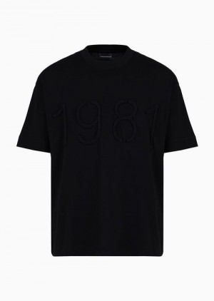 Black Emporio Armani Heavyweight Jersey T-shirt With Oversized, Raised Cord-effect Embroidery | EA-SN58608