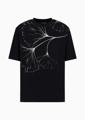 Black Emporio Armani Heavyweight Jersey T-shirt With Nature Print | EA-SN58766