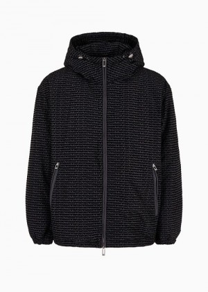 Black Emporio Armani Hooded Jacket In Crinkled Nylon With All-over Flocked Logo Lettering | EA-SN58251