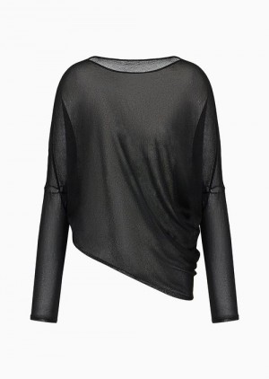 Black Emporio Armani Jumper With Asymmetric Hem And Draping In Sheer Lurex | EA-SN56687