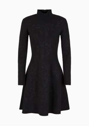 Black Emporio Armani Knitted Mock-neck Dress With All-over Matching Floral Embroidery | EA-SN56551