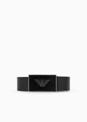 Black Emporio Armani Leather Belt With Eagle Plate | EA-SN59151