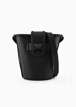 Black Emporio Armani Leather Bucket Shoulder Bag With Icon Strap | EA-SN57389