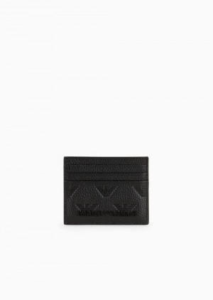 Black Emporio Armani Leather Card Holder With All-over Embossed Eagle | EA-SN59308