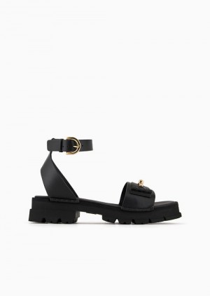 Black Emporio Armani Leather Clog Sandals With Stirrup Bar And Chunky Sole | EA-SN57173