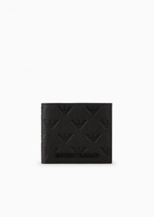 Black Emporio Armani Leather Coin-pocket Wallet With All-over Embossed Eagle | EA-SN59310