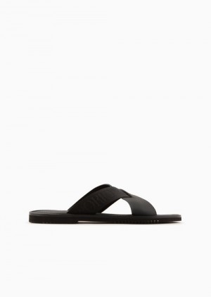 Black Emporio Armani Leather Cross-over Sandals With Logo Tape | EA-SN58890