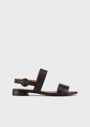 Black Emporio Armani Leather Sandals With Logo Medallion | EA-SN57170