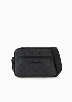 Black Emporio Armani Leather Shoulder Bag With All-over Embossed Eagle | EA-SN59057