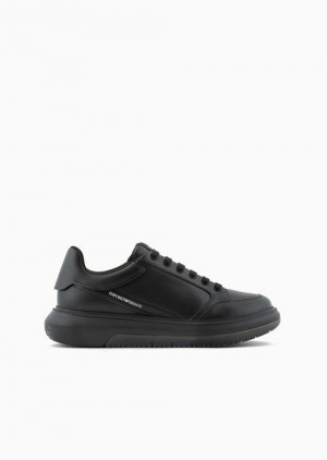 Black Emporio Armani Leather Sneakers With Side Logo | EA-SN58934