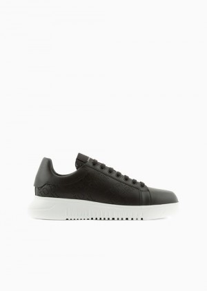 Black Emporio Armani Leather Sneakers With Micro-perforated Logo Lettering | EA-SN58978