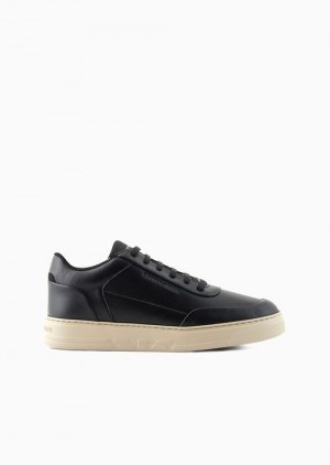 Black Emporio Armani Leather Sneakers With Side Logo | EA-SN58982