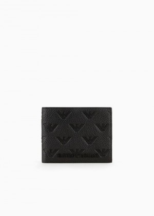 Black Emporio Armani Leather Wallet With All-over Embossed Eagle | EA-SN59309