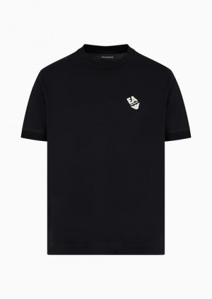 Black Emporio Armani Lightweight Jersey T-shirt With Logo Embroidery And Ribbed Trim | EA-SN58734