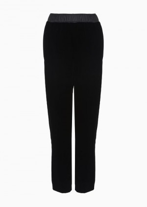 Black Emporio Armani Liquid Velvet Trousers With Elasticated Waist And Leg Flap | EA-SN56855