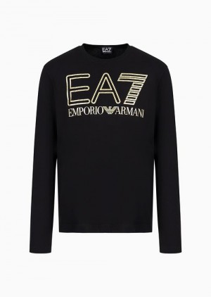 Black Emporio Armani Logo Series Long-sleeved Cotton T-shirt With Oversized Logo | EA7-SN59920